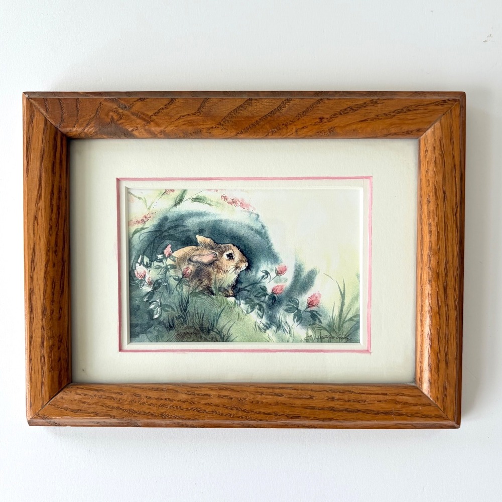 Carolyn Strobridge Rabbit in Clover II Vintage Framed Laser Print Oak Wood 9x7